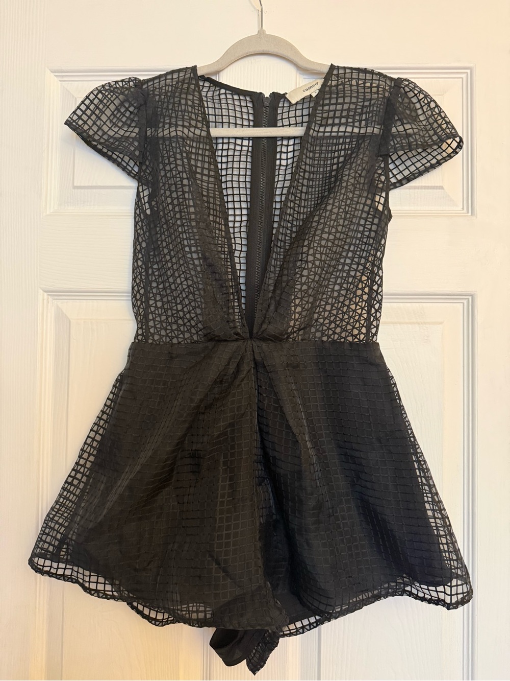 Cameo Black Grid Mesh Plunge Romper